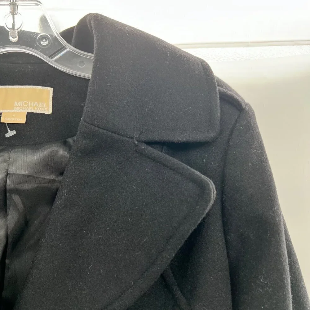 Michael Kors Womens Wool Blend Pea Coat Button Up Black Size 4 Belted